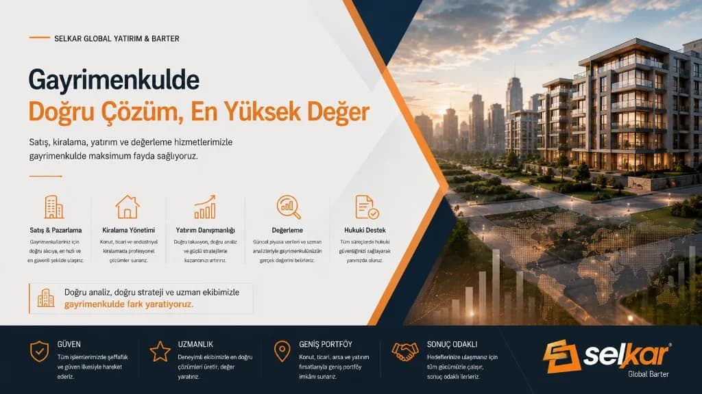 Gayrimenkul Çözümleri hizmetini tanıtan Selkar Global Yatırım & Barter bannerı