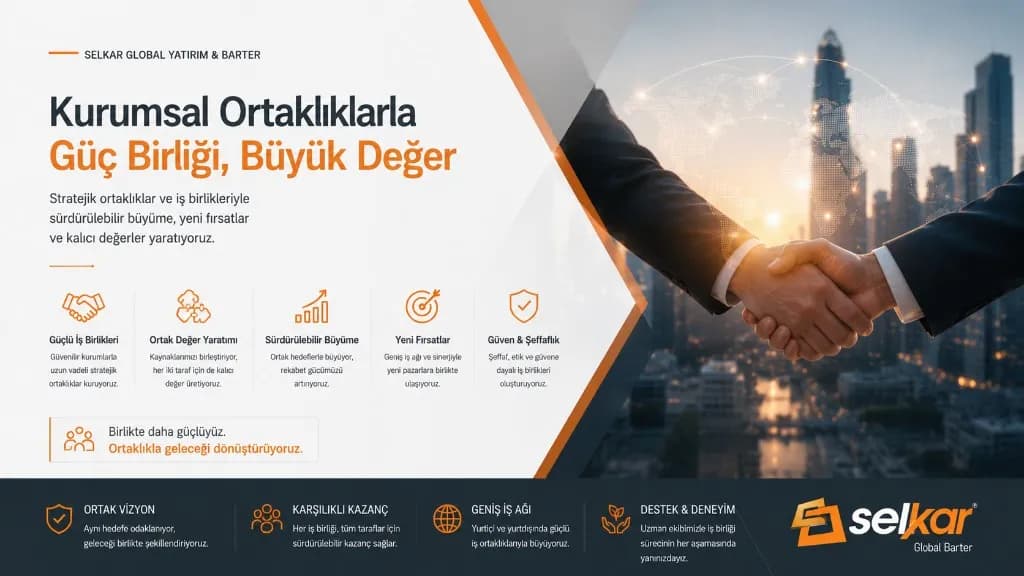 Kurumsal Ortaklık ve İş Birliği hizmetini tanıtan Selkar Global Yatırım & Barter bannerı