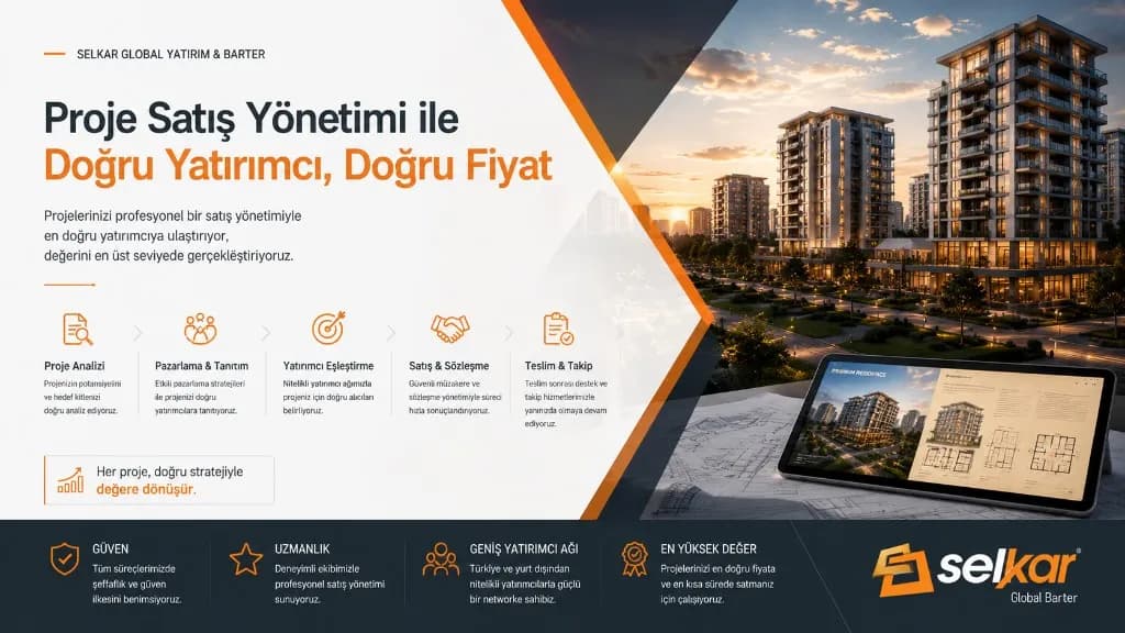 Proje Satış Yönetimi hizmetini temsil eden Selkar Global Yatırım & Barter kurumsal bannerı