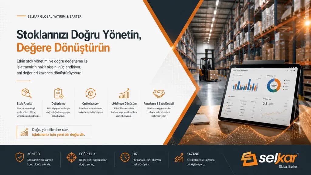Stok Yönetimi ve Değerlendirme hizmetini temsil eden Selkar Global Yatırım & Barter kurumsal bannerı